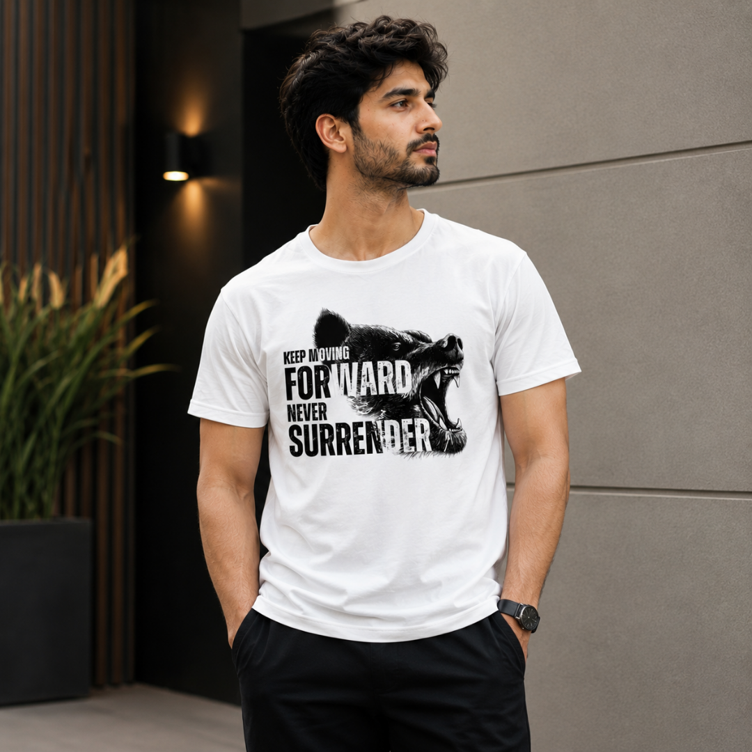 "Keep Moving Forward — Never Surrender" Roaring Bear Graphic T-Shirt — Warrior Mindset - Image 4