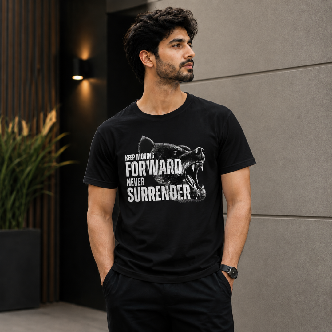 "Keep Moving Forward — Never Surrender" Roaring Bear Graphic T-Shirt — Warrior Mindset - Image 3