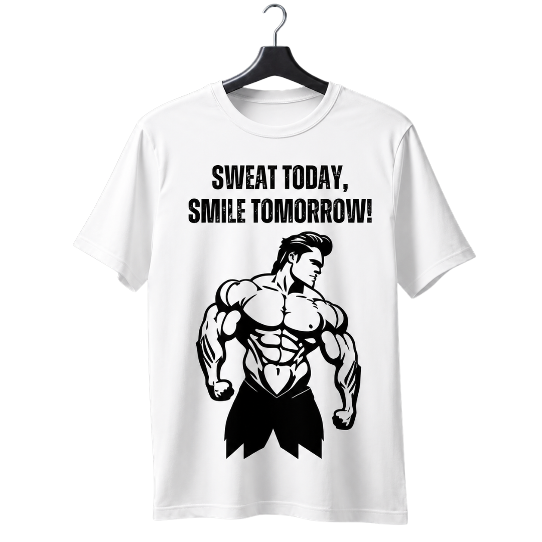 "Sweat Today, Smile Tomorrow" Bodybuilder Graphic T-Shirt — Gym Motivation Tee - Image 2