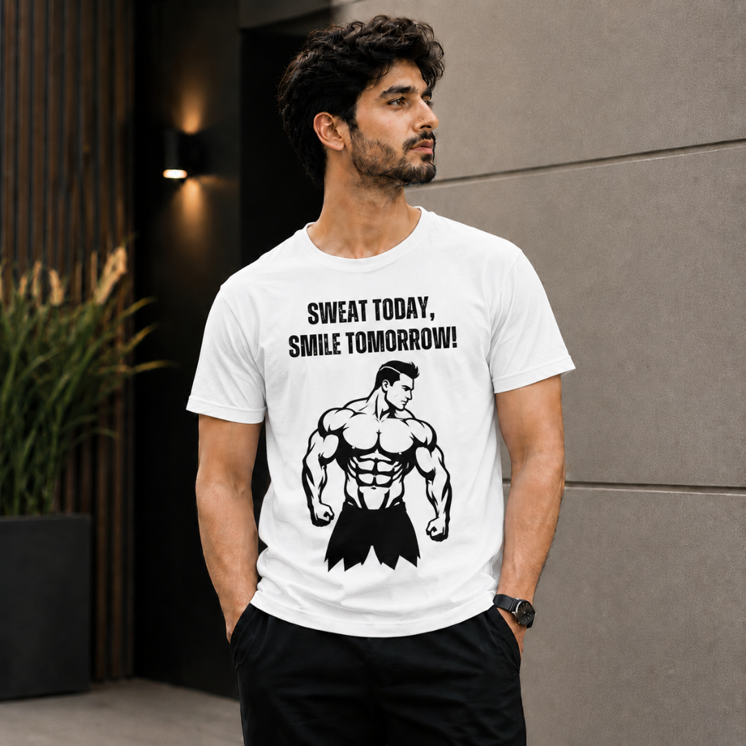 "Sweat Today, Smile Tomorrow" Bodybuilder Graphic T-Shirt — Gym Motivation Tee - Image 4