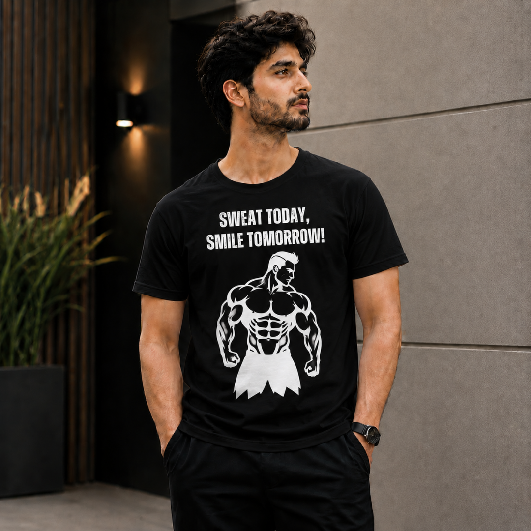 "Sweat Today, Smile Tomorrow" Bodybuilder Graphic T-Shirt — Gym Motivation Tee - Image 3